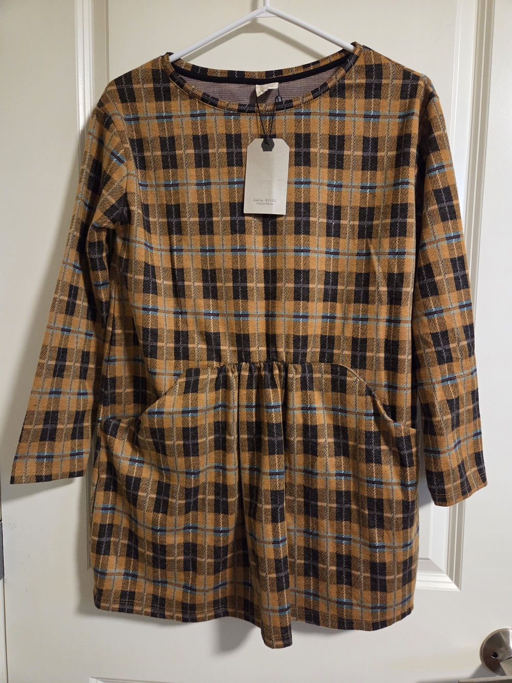 Zara Mustard and Brown Plaid Long-Sleeve Kids Dress